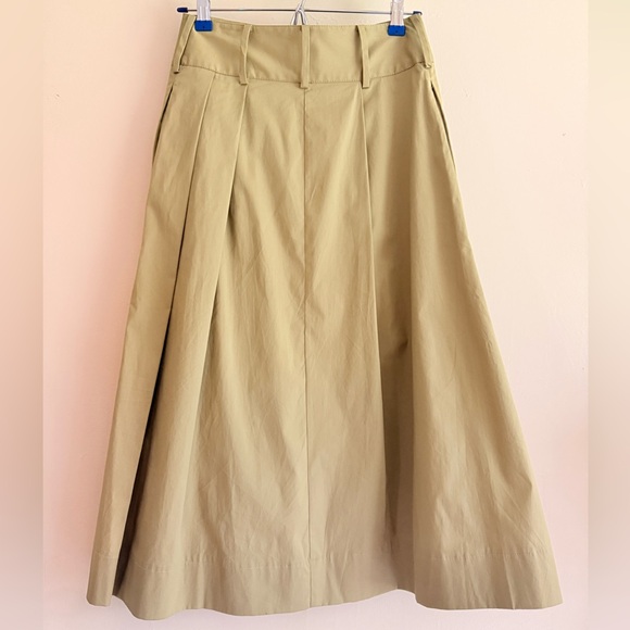 STAUD Khaki Button-Front A-Line Kingsley Midi Skirt sz 2 Pleated Stretch Cotton - Picture 2 of 8